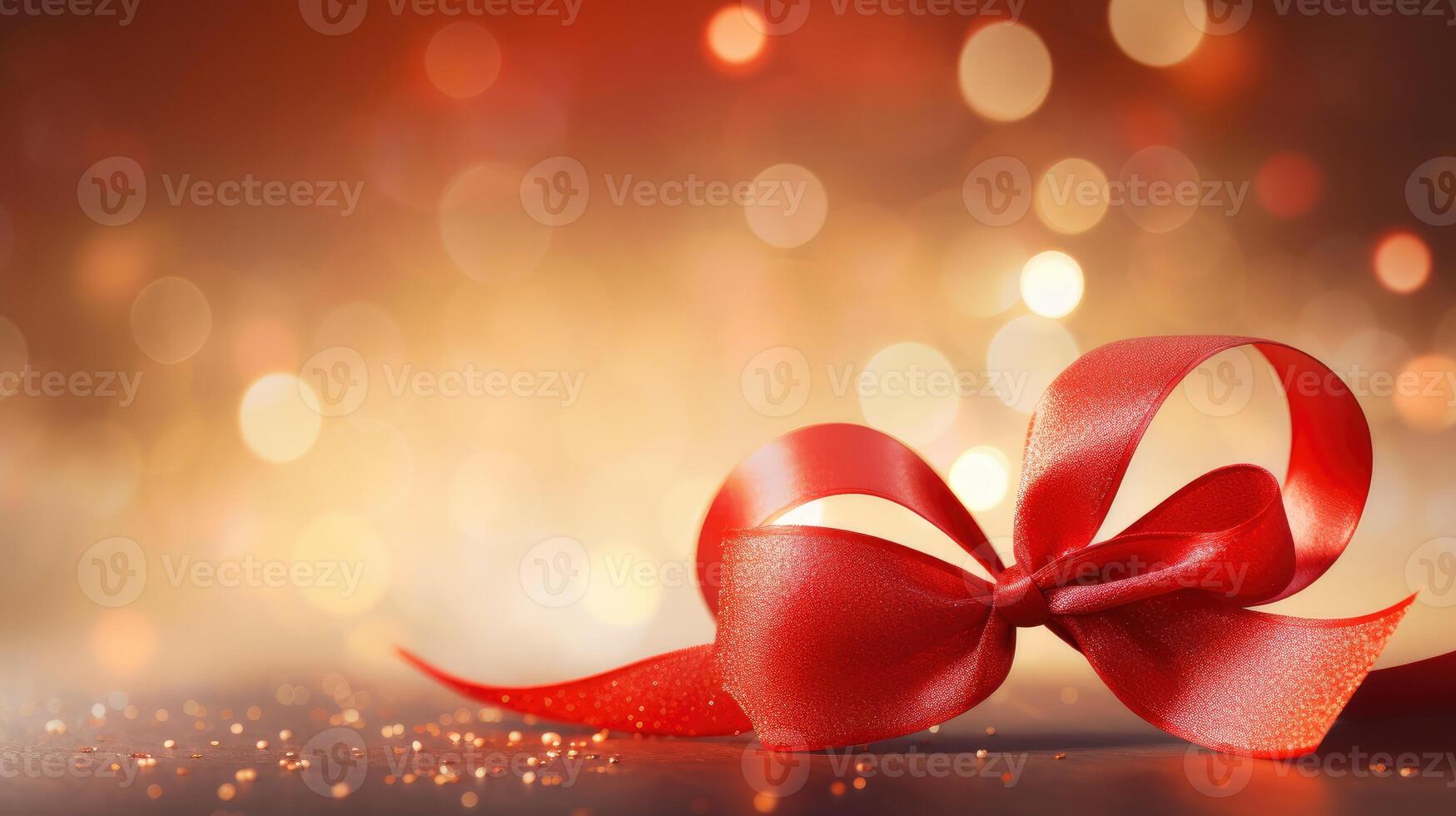 AI generated Red ribbon on shiny bokeh glowing background for Valentine day web banner photo
