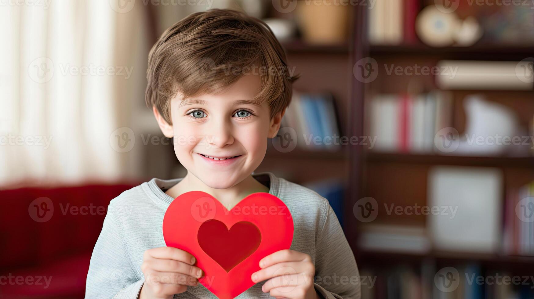 AI generated A boy holding a red paper heart shape on indoor room background photo