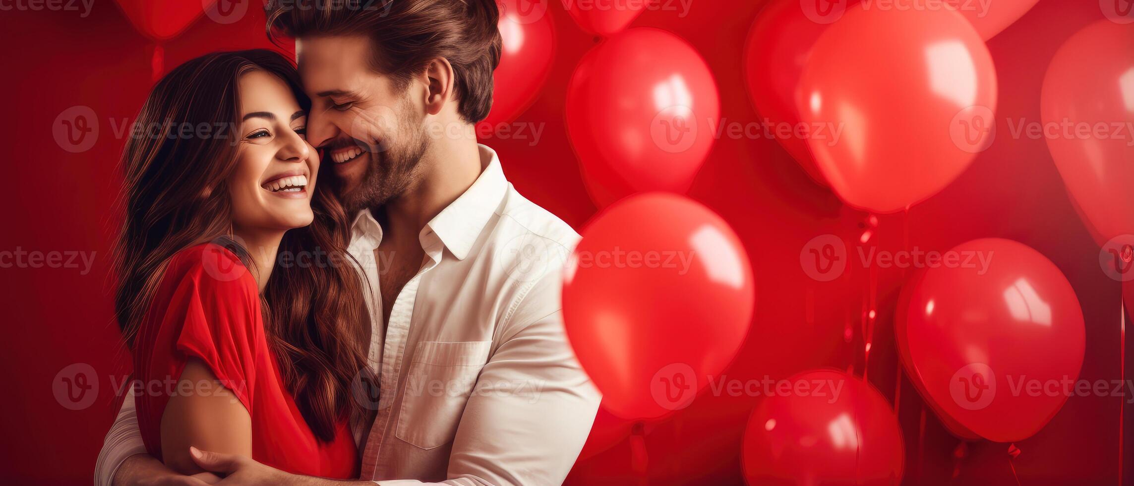 AI generated Cheerful couple in love hugging on a romantic Valentine with red heart shaped balloon isolated red background photo