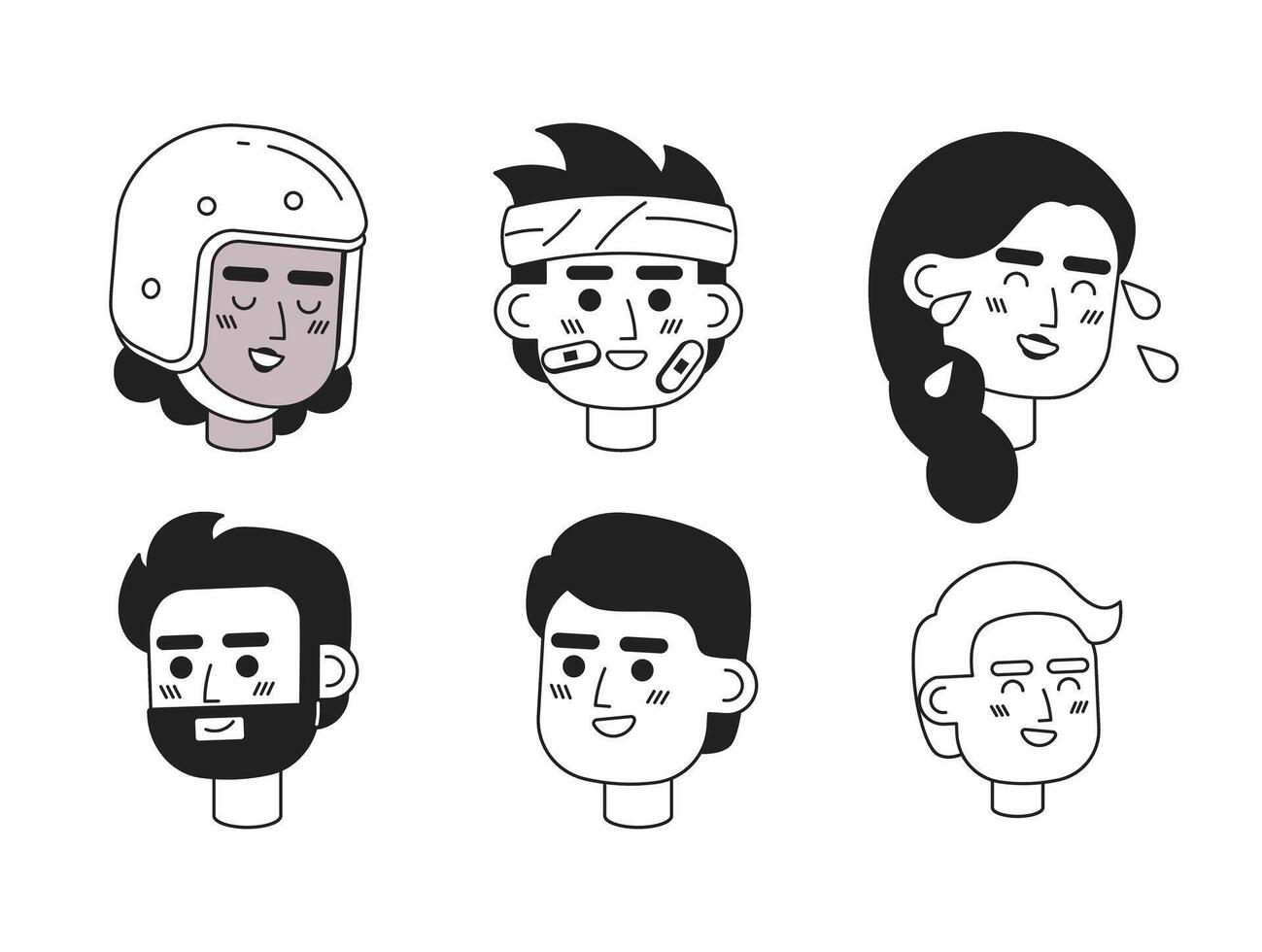 Staying positive accident victims black and white 2D vector avatars illustration set. Diverse women, men outline cartoon character people icons isolated. Laughing flat line faces images collection