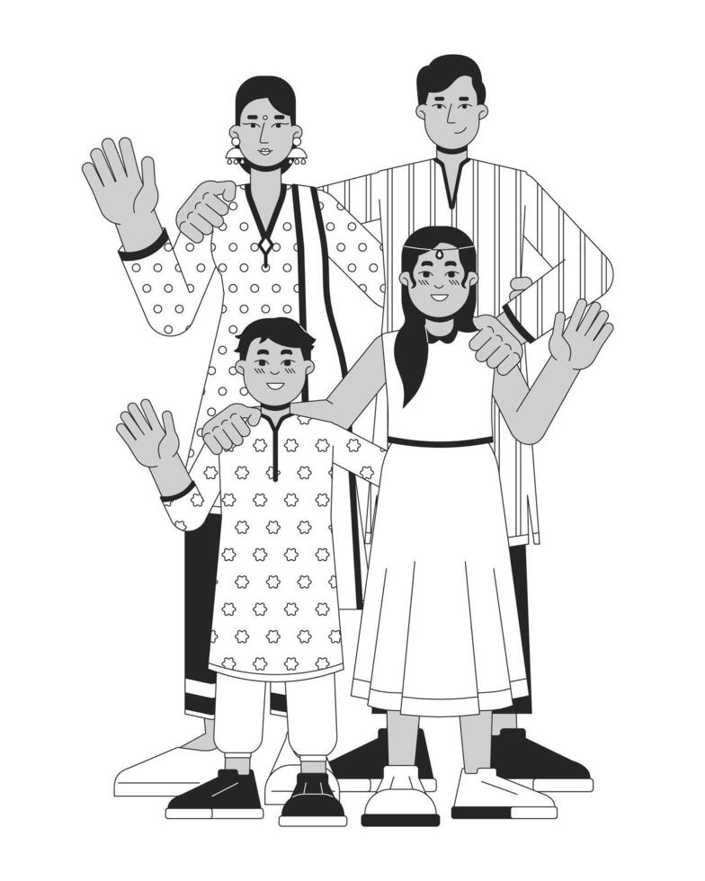 Indian family wearing traditional clothing black and white cartoon flat illustration. Deepavali parents kids 2D lineart characters isolated. Diwali celebration monochrome scene vector outline image