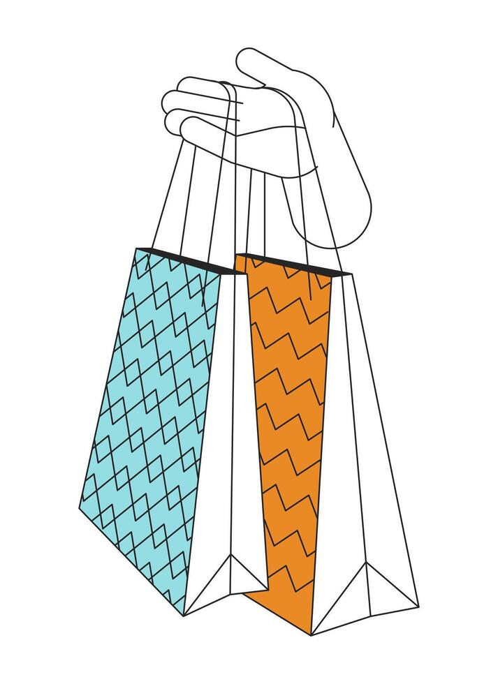 Shopping bags carrying linear cartoon character hand illustration. Buyer shopaholic outline 2D vector image, white background. Fashion customer. Promotion sales store editable flat color clipart