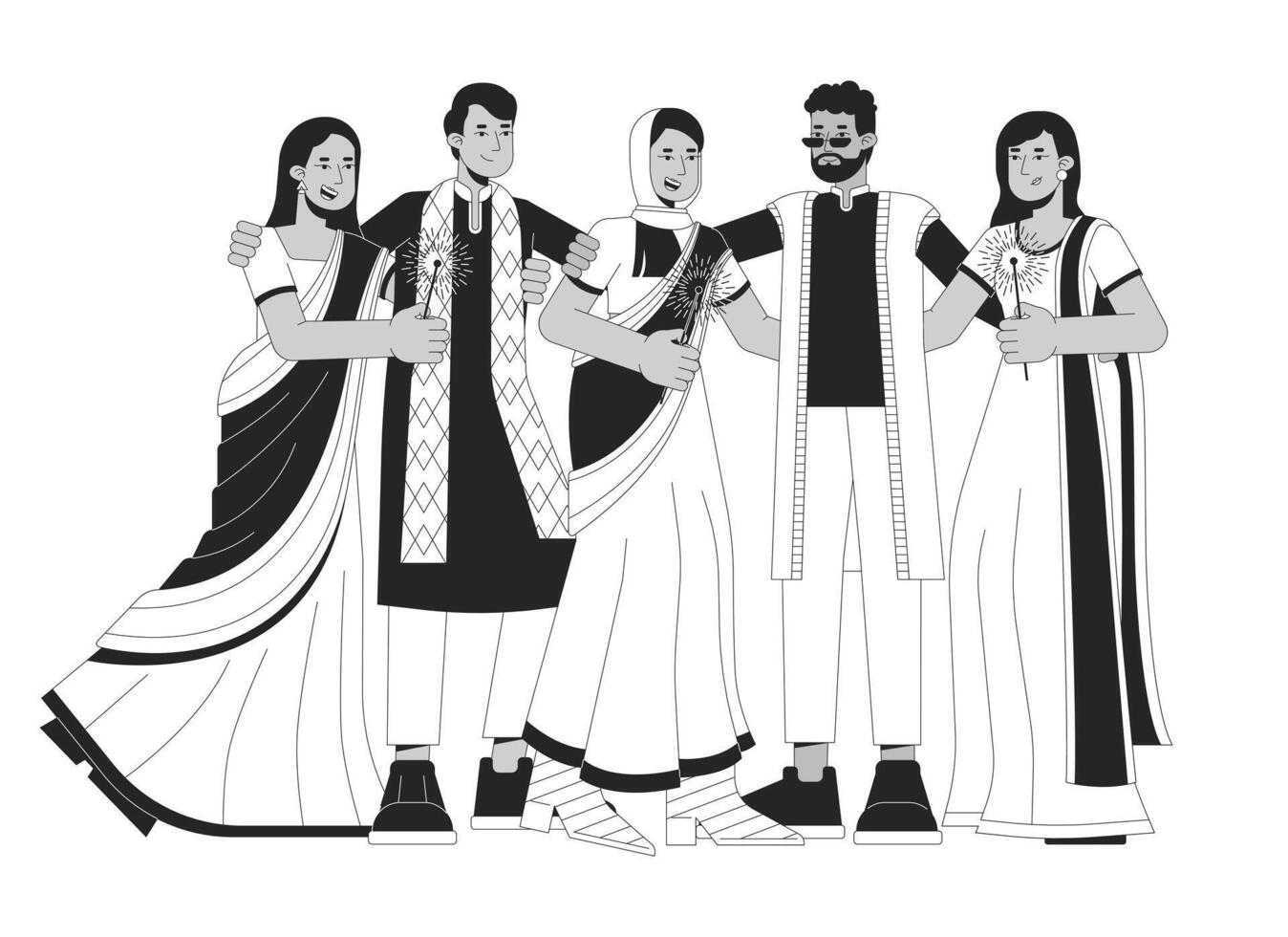 Diwali festival sparkles black and white cartoon flat illustration. Celebrating south asians in ethnic wear 2D lineart characters isolated. Happy Deepawali monochrome scene vector outline image