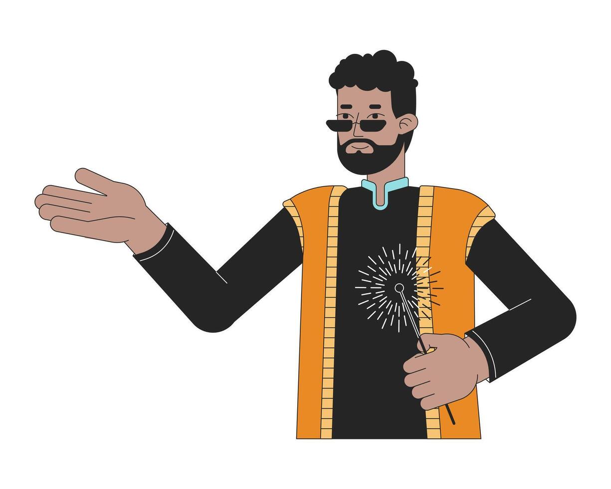 Dhoti kurta man holding sparkler 2D linear cartoon character. African american male isolated line vector person white background. Hindu festival of lights Deepawali color flat spot illustration