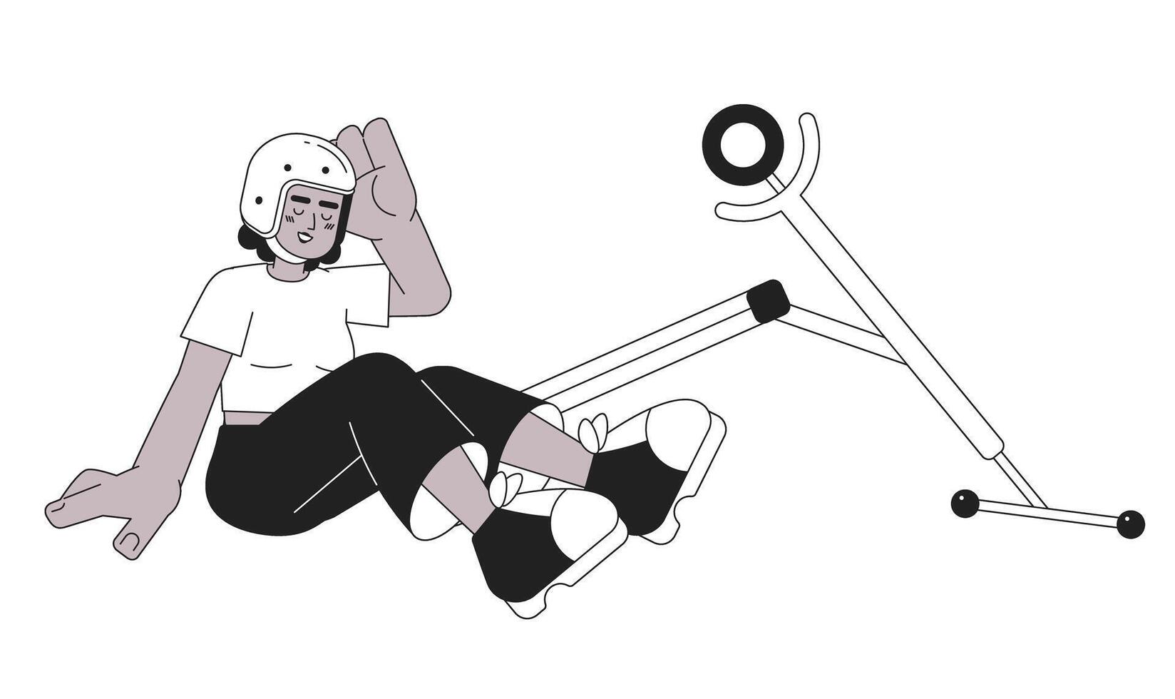 que cae apagado scooter riendo mujer negro y blanco dibujos animados plano ilustración. optimista africano americano niña bicicleta casco lineal 2d personaje aislado. contento accidente monocromo escena vector imagen