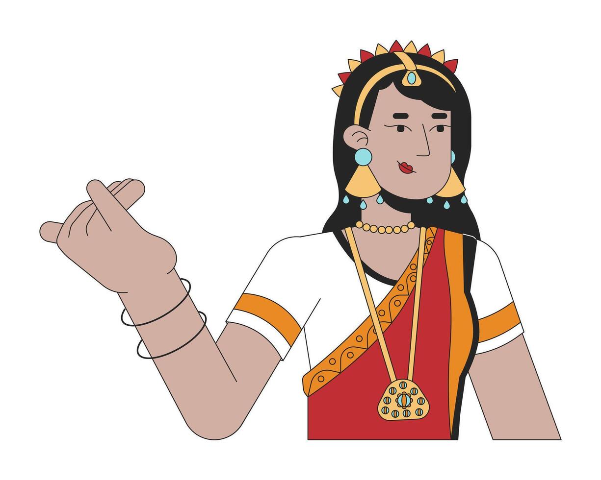 hembra bharatanatyam bailarín 2d lineal dibujos animados personaje. étnico vestir indio mujer aislado línea vector persona blanco antecedentes. hindú festival de luces deepawali color plano Mancha ilustración