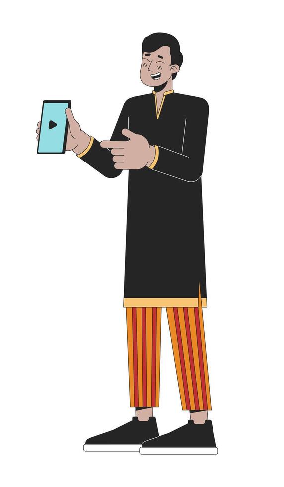 Excited giggling indian man pointing on cellphone 2D linear cartoon character. Young adult guy isolated line vector person white background. Hindu festival Deepawali color flat spot illustration