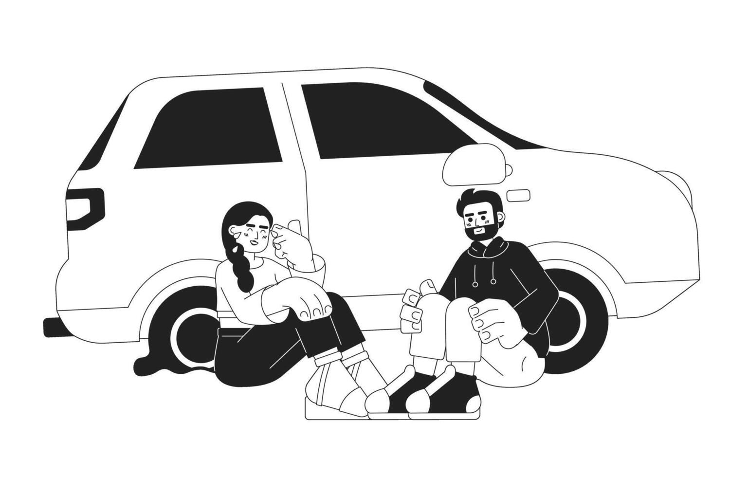 Life changing car accident black and white cartoon flat illustration. Laughing caucasian couple about car flat tire linear 2D characters isolated. Happy accident love monochromatic scene vector image