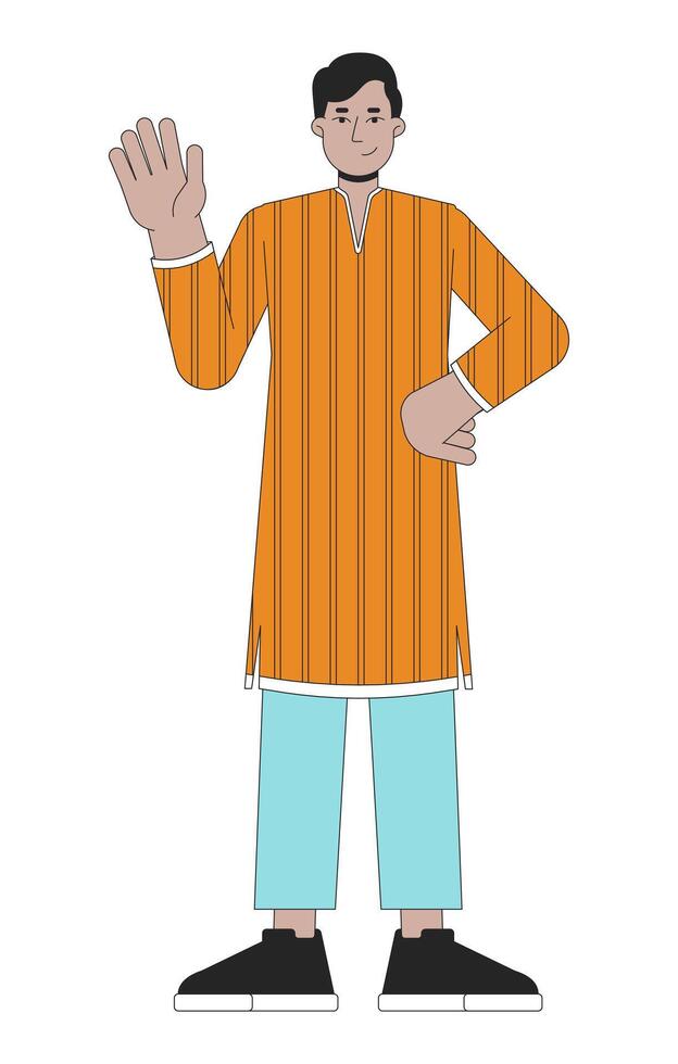 Tunic kurta young adult man waving hand 2D linear cartoon character. South asian guy isolated line vector person white background. Hindu festival of lights Deepawali color flat spot illustration