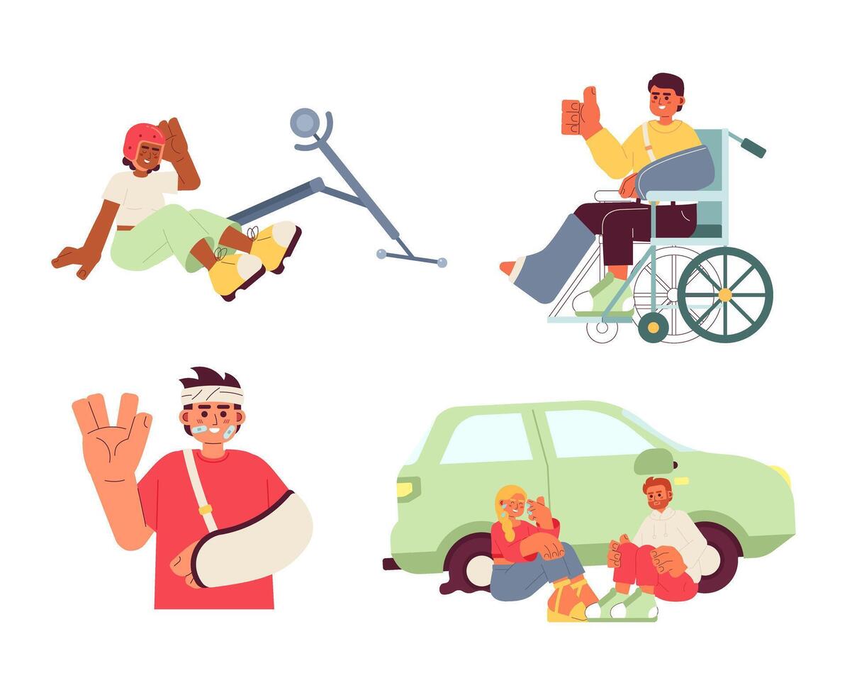 Happy accidents in daily life cartoon flat illustrations set. Diverse 2D characters isolated on white background. Keep positive attitude during recovery, trauma scenes vector color images collection