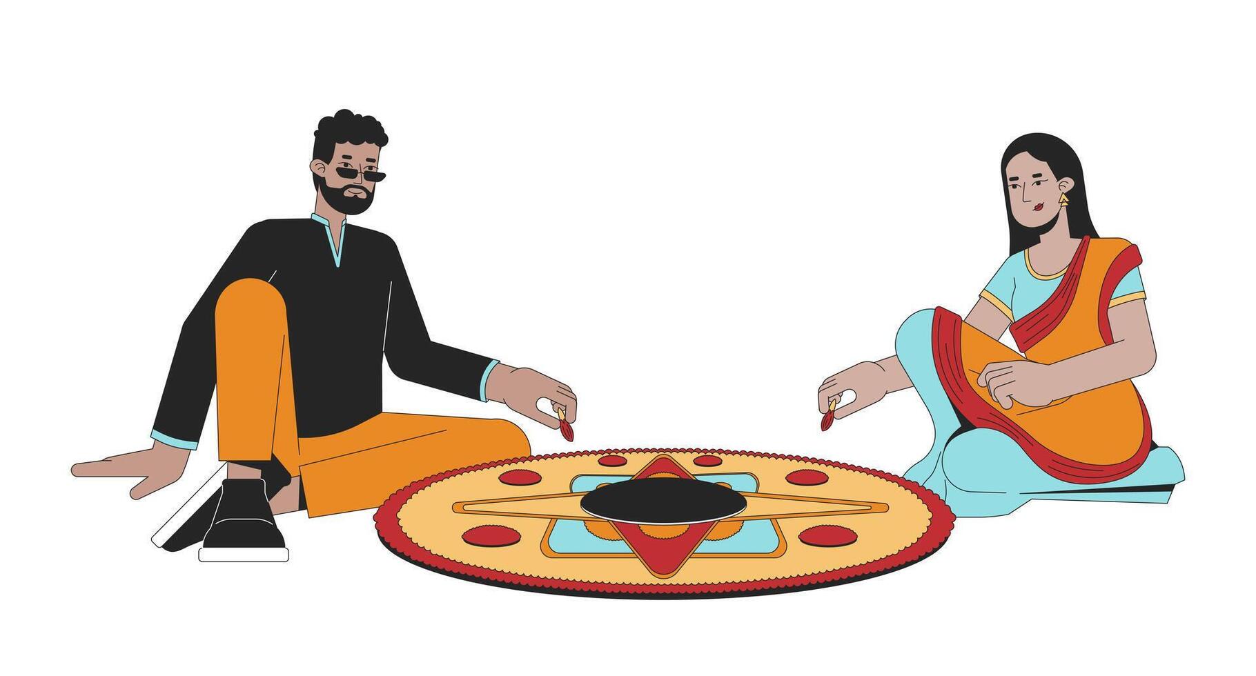 indio Pareja creando Kolam 2d lineal dibujos animados caracteres. personalizado familia aislado línea vector personas blanco antecedentes. hindú festival de luces deepawali celebrando color plano Mancha ilustración