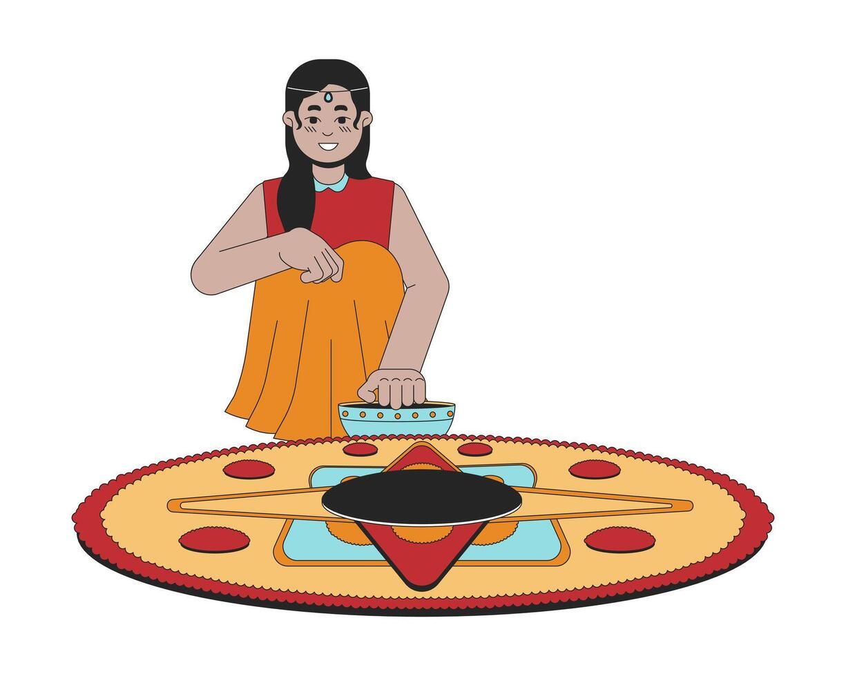 Smiling indian young girl making kolam 2D linear cartoon character. South asian female isolated line vector person white background. Hindu festival of lights Deepawali color flat spot illustration