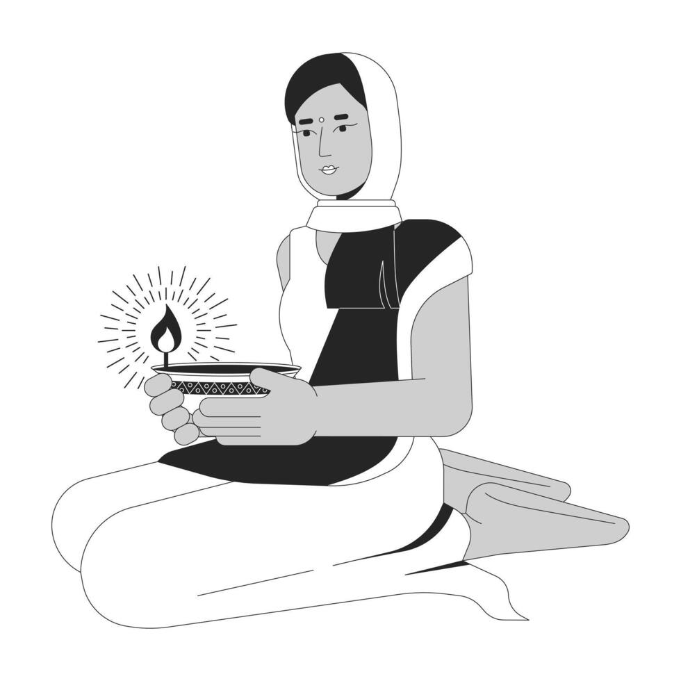 Lighting diwali diya black and white cartoon flat illustration. Young adult indian woman holding oil lamp 2D lineart character isolated. Festival of lights monochrome scene vector outline image