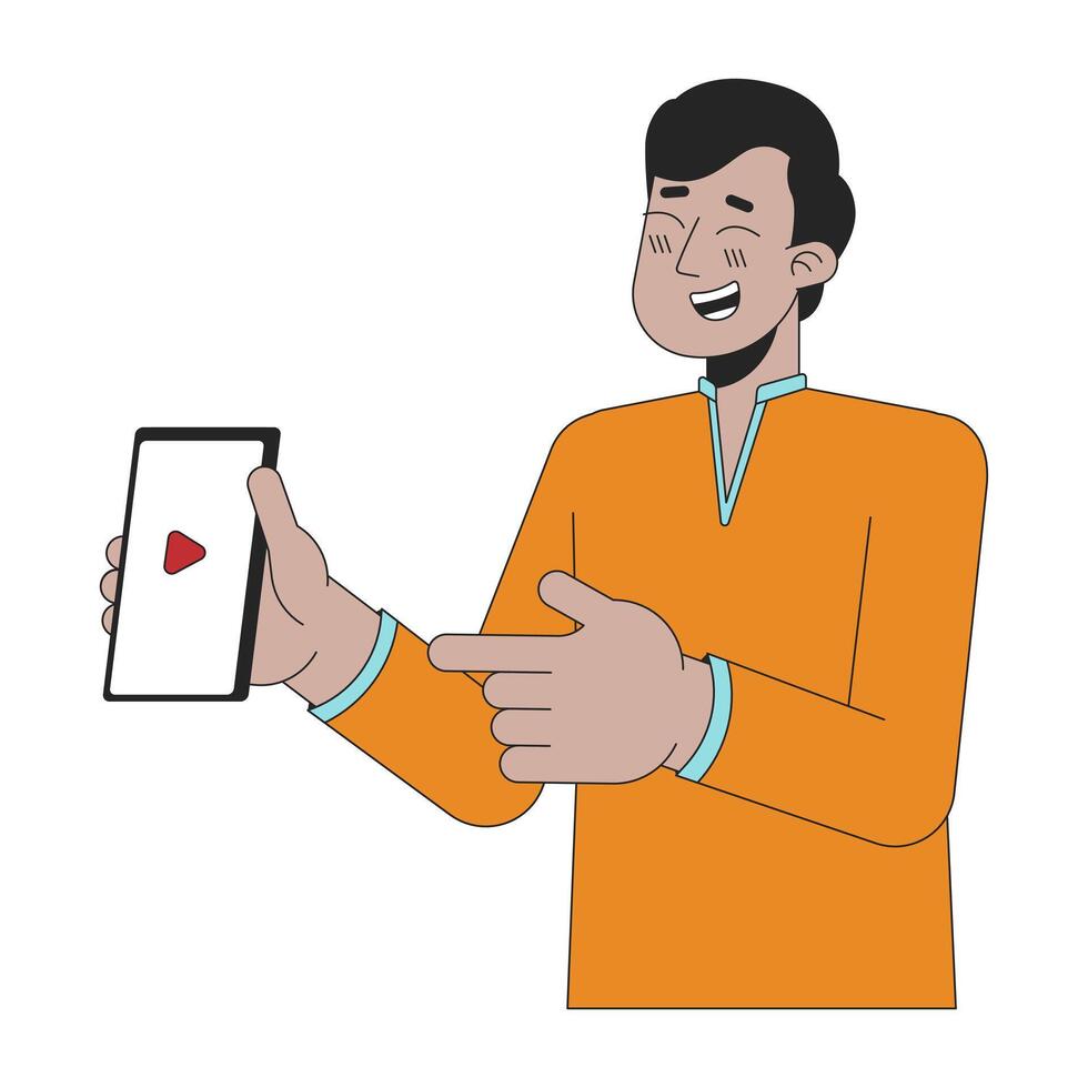 Laughing young adult indian man showing phone 2D linear cartoon character. South asian guy isolated line vector person white background. Hindu festival of lights Deepawali color flat spot illustration
