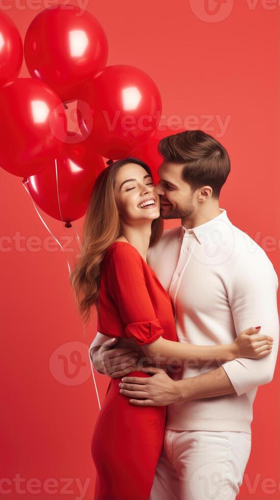 ai generado alegre Pareja en amor abrazando en un romántico enamorado con rojo corazón conformado globo aislado rojo antecedentes foto