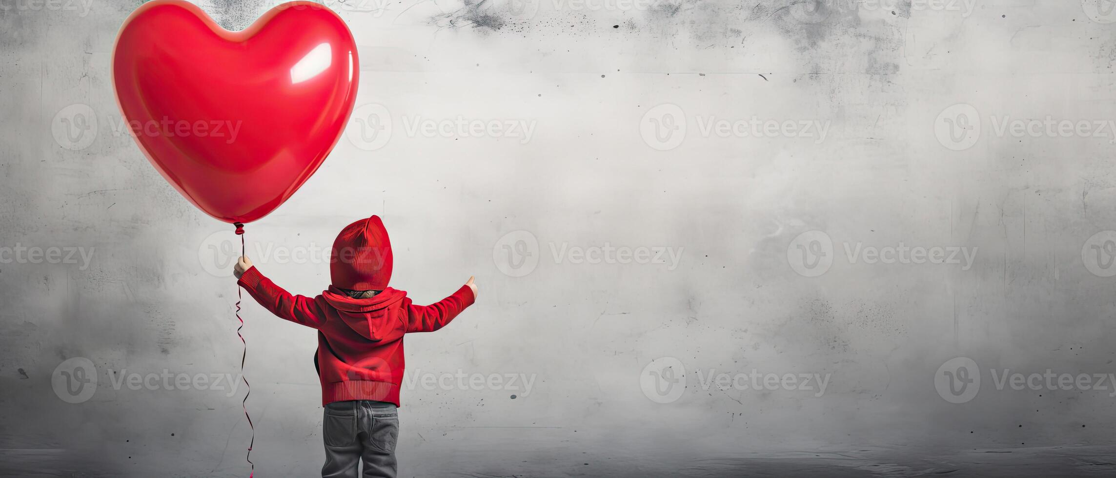 AI generated Back view of a kid raising arms with red love valentine heart shaped balloon isolated on grey background photo