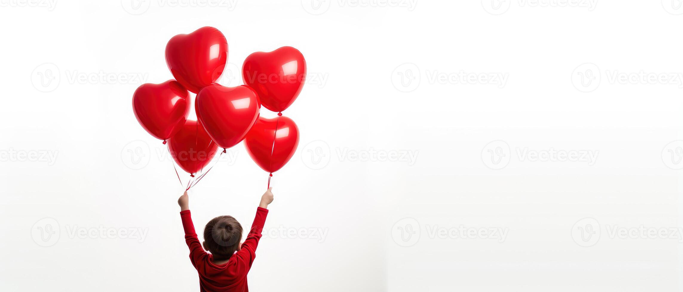 AI generated Back view of a kid raising arms with red love valentine heart shaped balloon isolated on white background photo