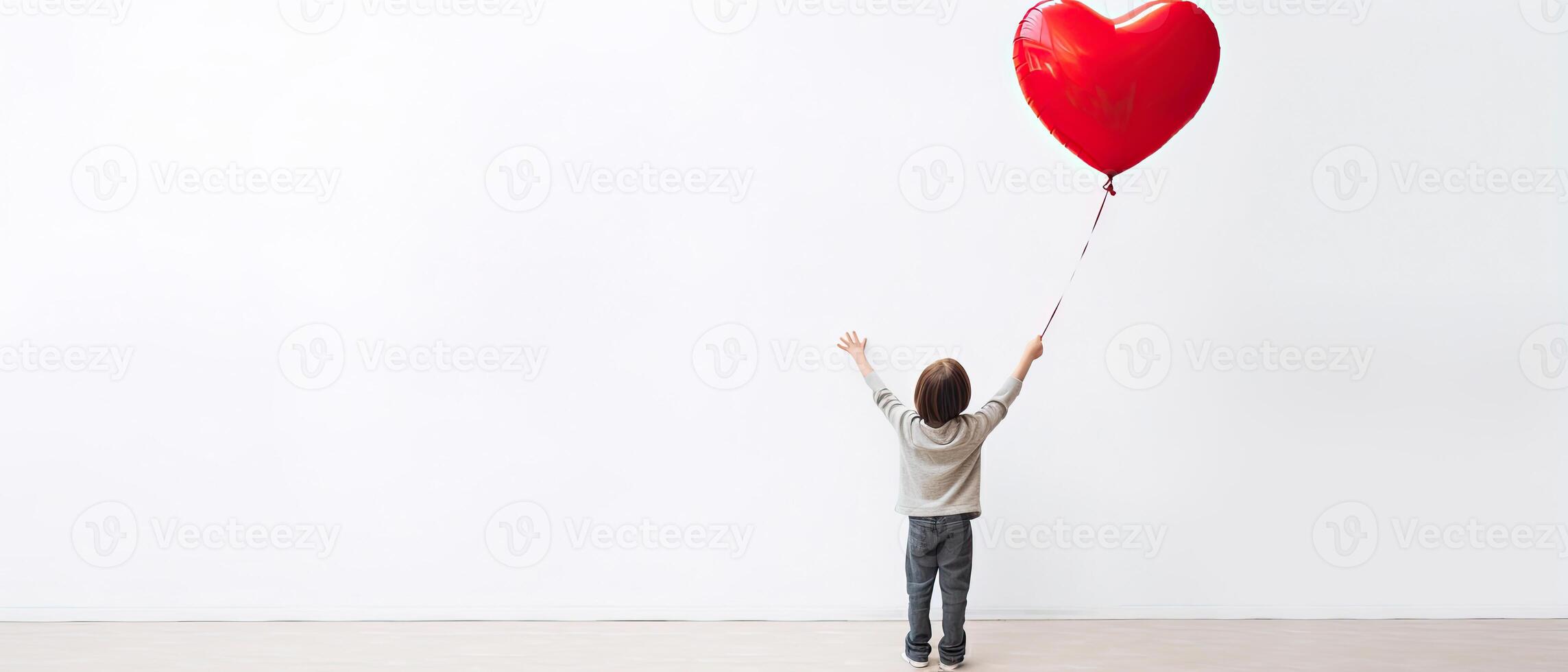 AI generated Back view of a kid raising arms with red love valentine heart shaped balloon isolated on white background photo