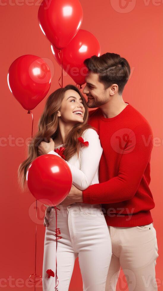 ai generado alegre Pareja en amor abrazando en un romántico enamorado con rojo corazón conformado globo aislado rojo antecedentes foto