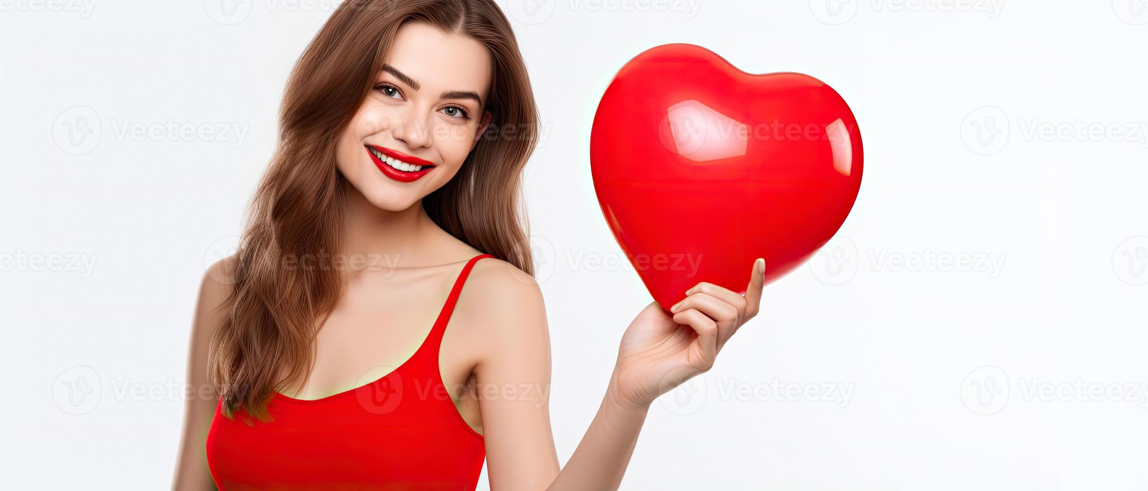 AI generated Smiling Valentine beauty girl with red balloon isolated on white background, copyspace photo
