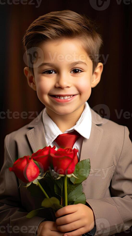 AI generated A boy with rose bouquet and beautiful smile for Valentines concept photo