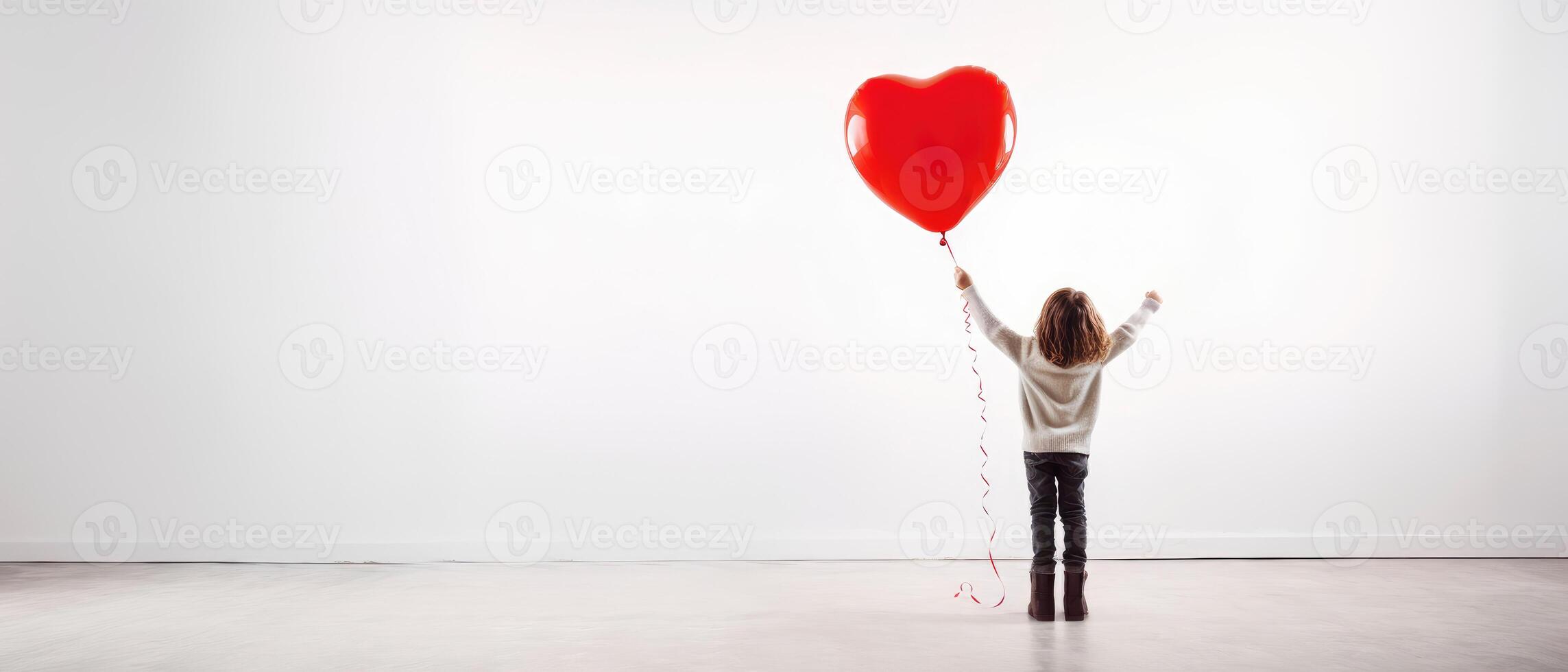 AI generated Back view of a kid raising arms with red love valentine heart shaped balloon isolated on white background photo