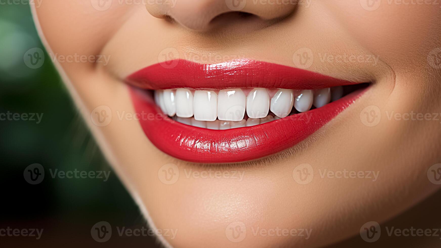 AI generated Close-up of beautiful woman with perfect white teeth and red lipstick. Dental Health and Beauty Concept. photo