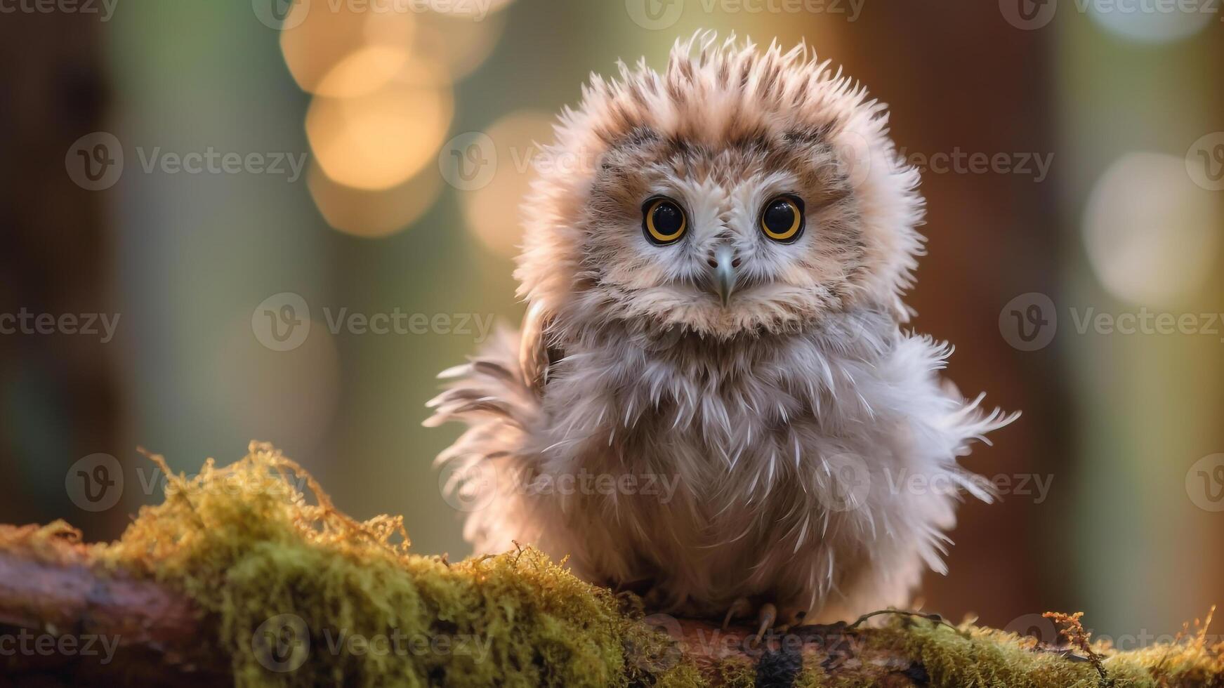 AI generated Little baby owl with big eyes sitting on a tree branch in the forest. photo
