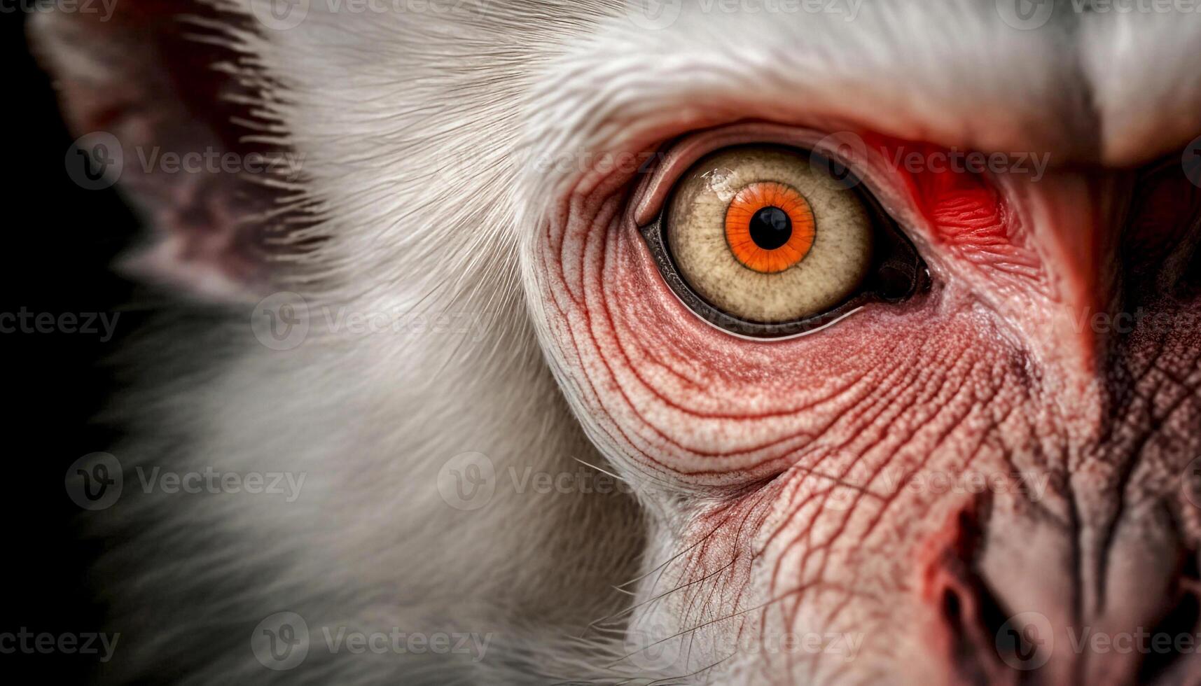 AI generated Close-up of an albino monkey with red eyes. photo