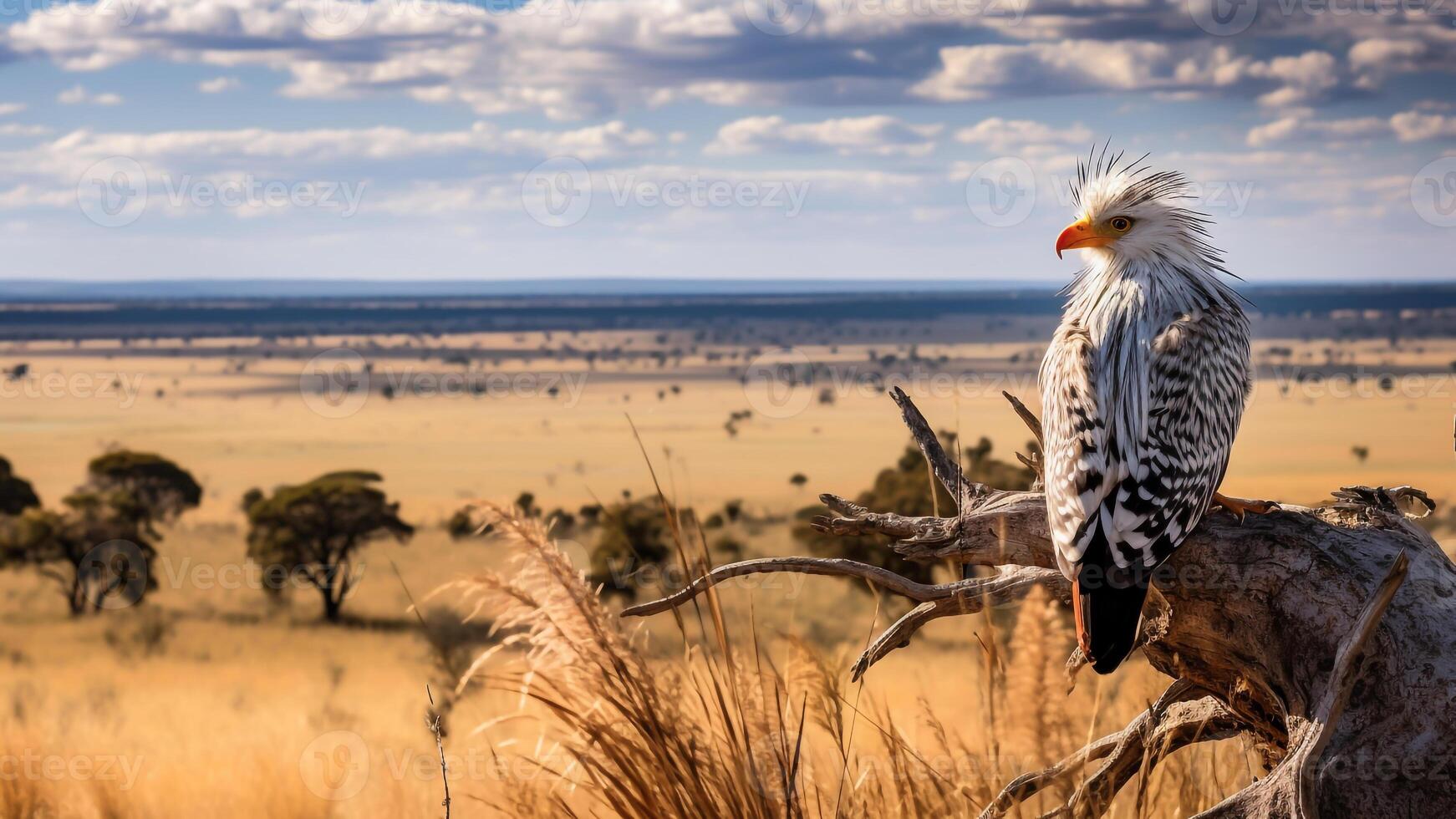 AI generated A secretarybird on a branch overlooking the vast expanse of the savannah. photo