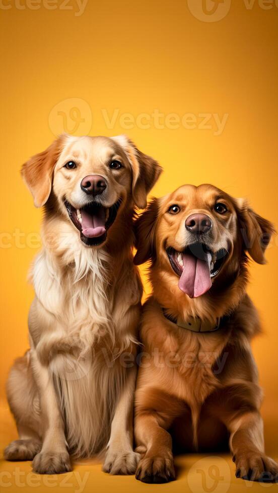 AI generated Studio shot of two golden retriever dogs sitting on orange background with copy space. photo