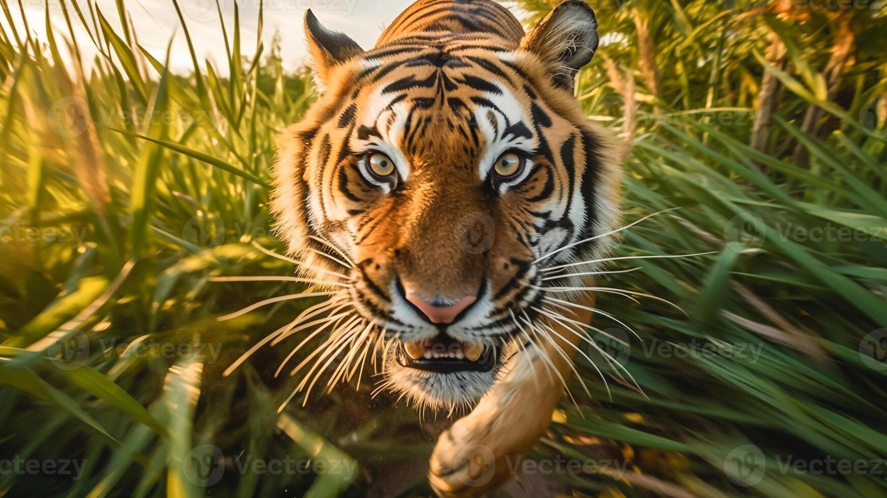 ai generado cerca arriba de un Bengala Tigre en el selva. foto