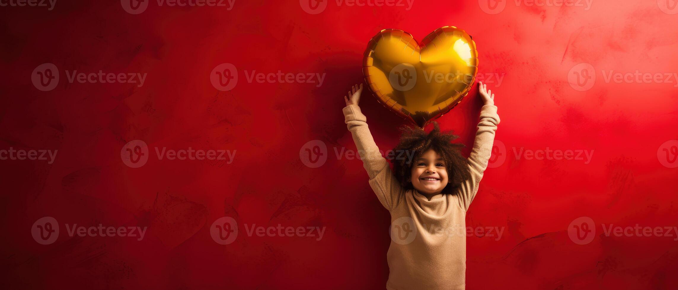 AI generated Front view of a kid with gold yellow heart shaped balloon on red background photo
