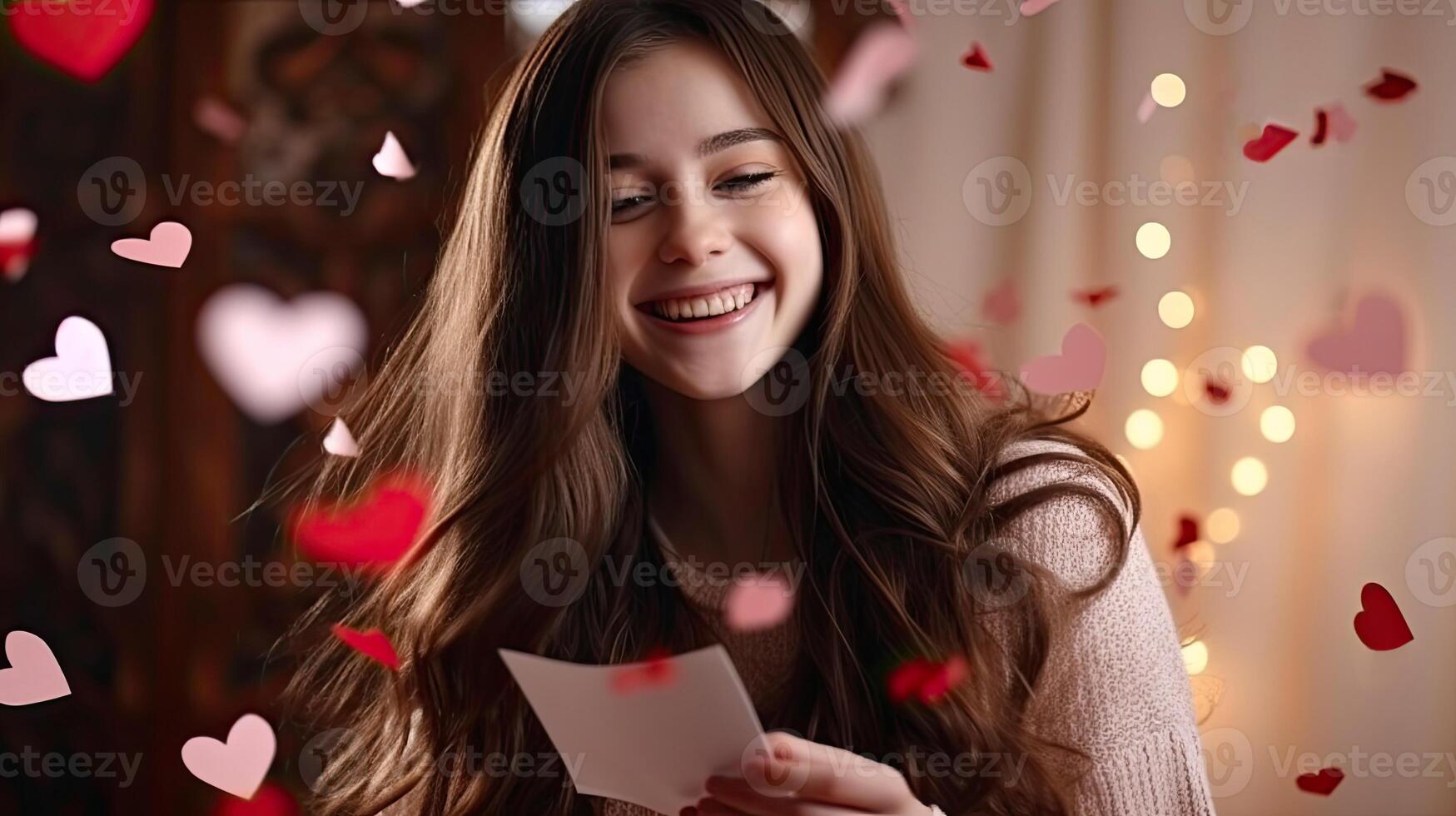 ai generado emocionado positivo niña sonriente y mirando a que cae corazón papel en enamorado día foto