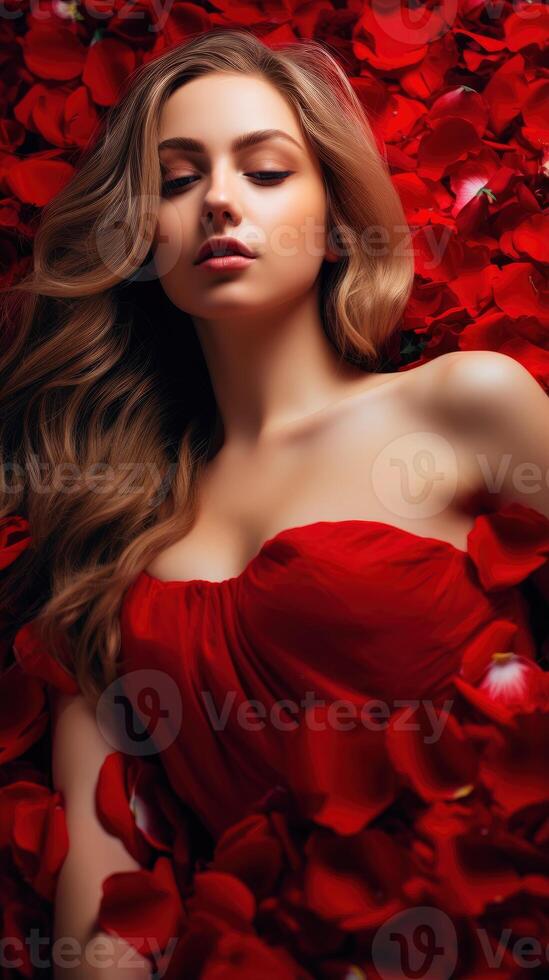 AI generated Lady in a red dress lying on the floor with red rose petals background in Valentine day concept photo