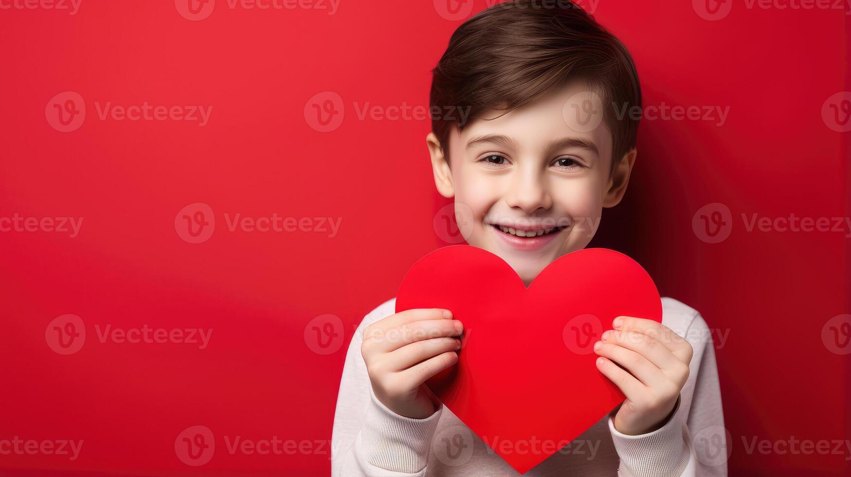 AI generated A young boy with a red paper heart on his hand isolated on red valentine background photo