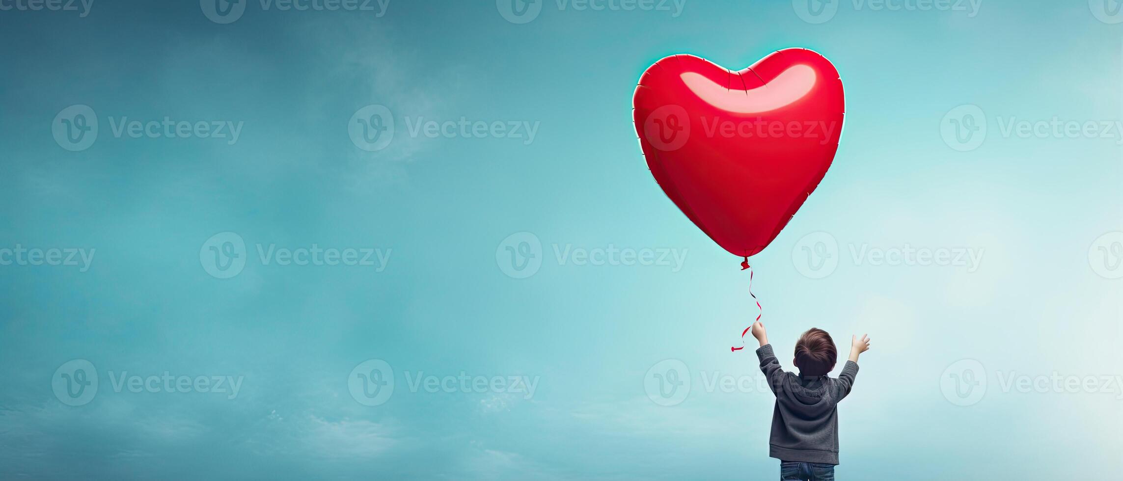 AI generated Back view of a kid raising arms with red love valentine heart shaped balloon against sky background photo