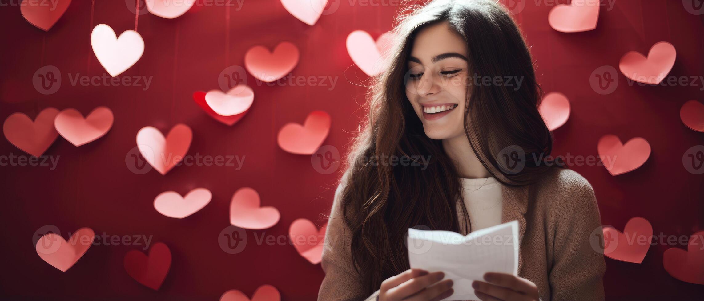AI generated Excited positive girl smiling and looking at falling heart paper in Valentine day on red background photo