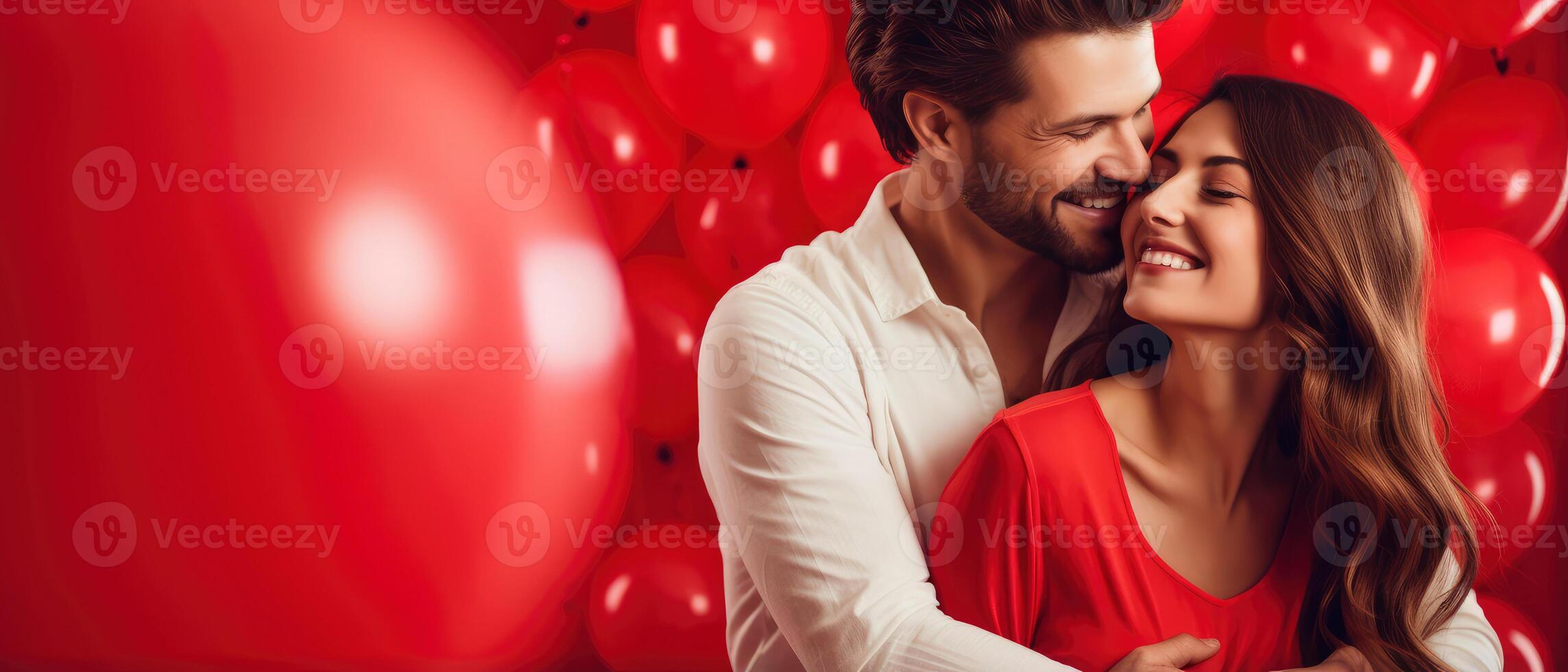 AI generated Cheerful couple in love hugging on a romantic Valentine with red heart shaped balloon isolated red background photo