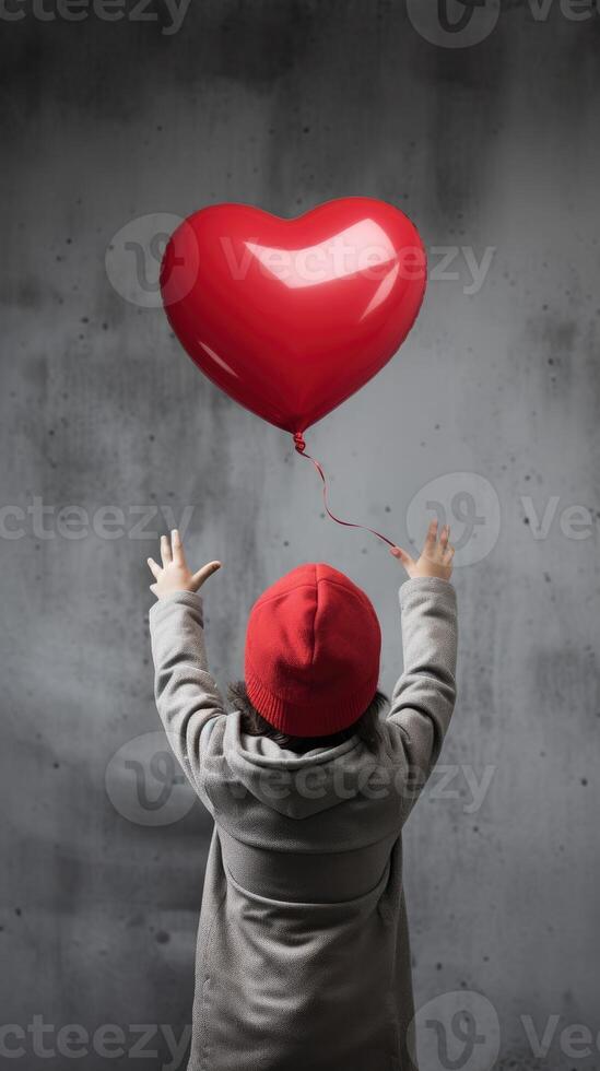 AI generated Back view of a kid raising arms with red love valentine heart shaped balloon isolated on grey background photo