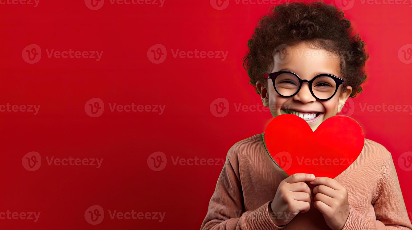 AI generated A young boy with a red paper heart on his hand isolated on red valentine background photo