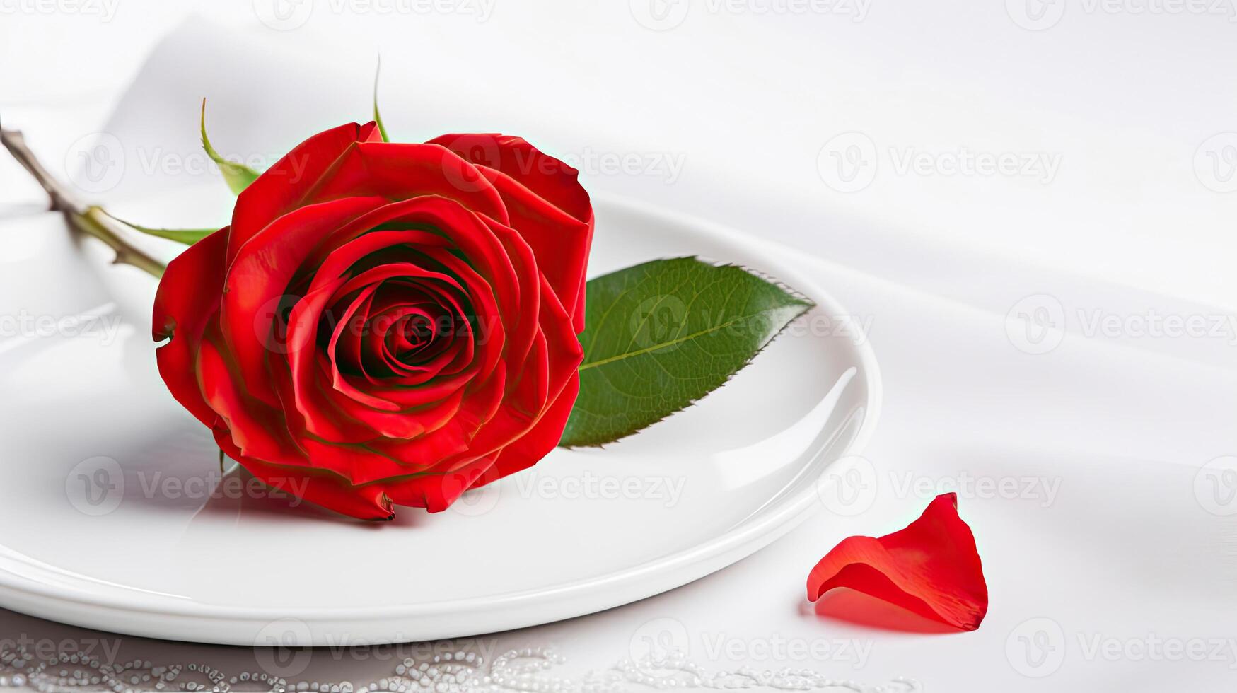 AI generated Red rose on a dish white background in Valentines day concept photo