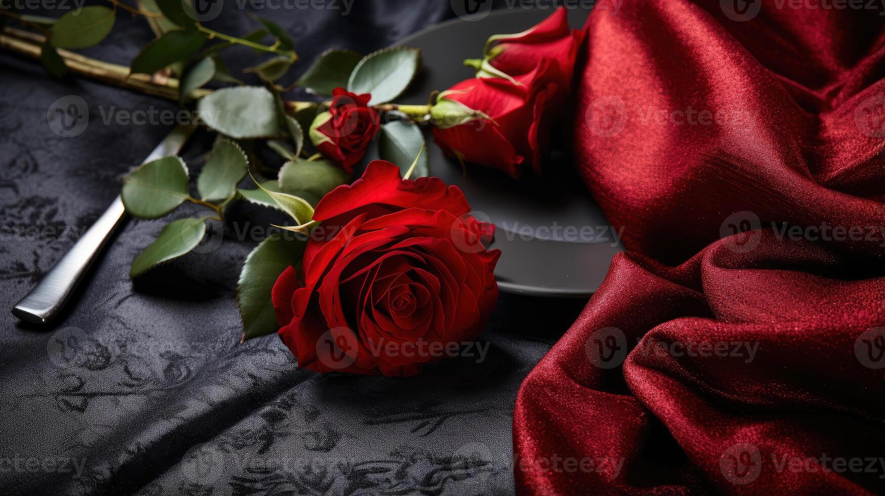 AI generated Romantic dinner with black elegance table setting and red rose on Valentine day or birthday concept photo