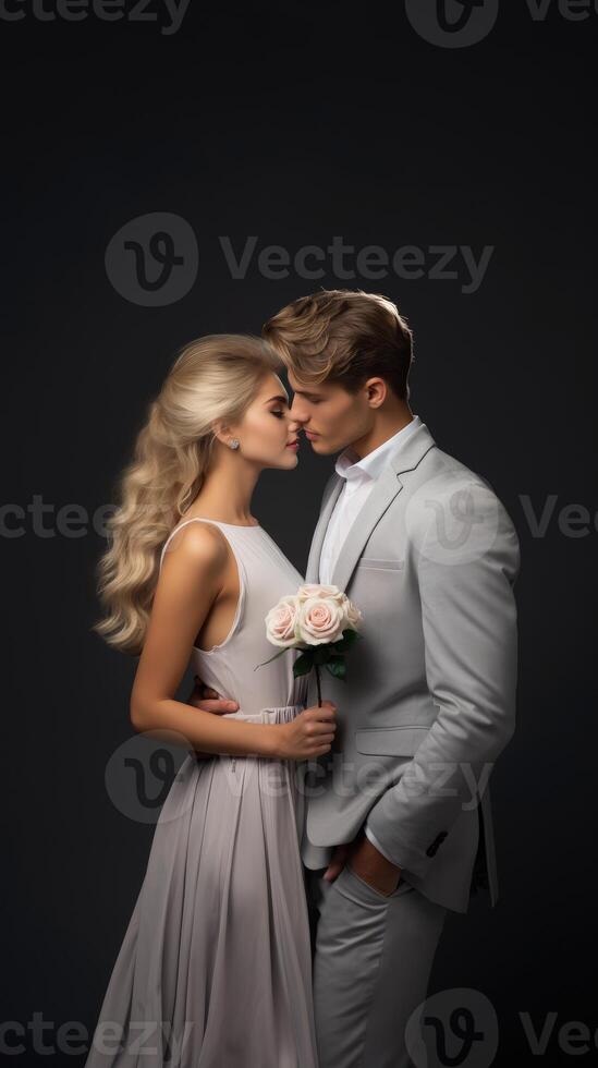 ai generado hermosa contento encantador Pareja son besos en gris antecedentes con Rosa ramo de flores enamorado concepto foto