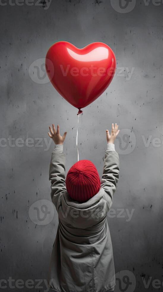 AI generated Back view of a kid raising arms with red love valentine heart shaped balloon isolated on grey background photo