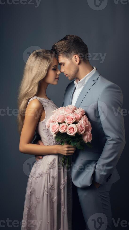 ai generado hermosa contento encantador Pareja son besos en gris antecedentes con Rosa ramo de flores enamorado concepto foto