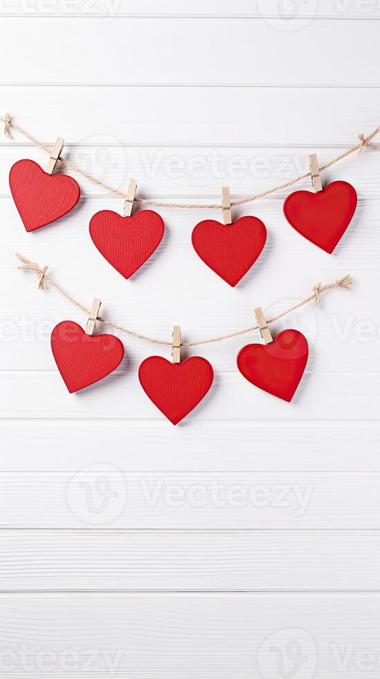 AI generated Red hearts on rope with clothespins on a white wooden Valentine copy space background photo