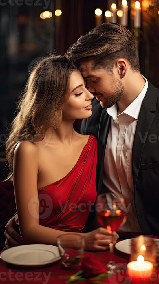 AI generated Lovely young couple in formal outfit spending time together on luxury dinner restaurant photo