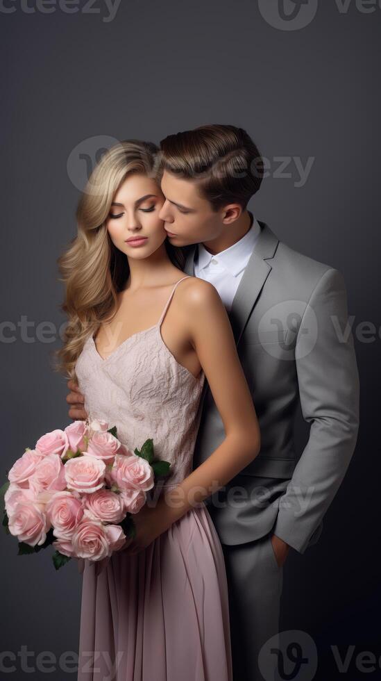 ai generado hermosa contento encantador Pareja son besos en gris antecedentes con Rosa ramo de flores enamorado concepto foto