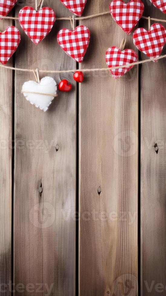 AI generated Valentine Gingham hearts with rope and clip hanging on rustic wood copy space background photo